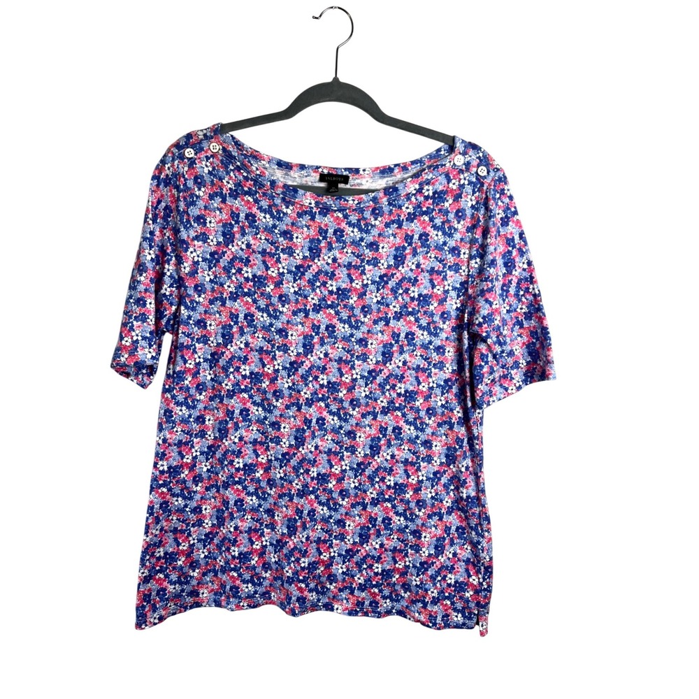 Talbots Floral Boatneck Tee Size Medium Button Shoulder Detail Blue‎ Pink Casual